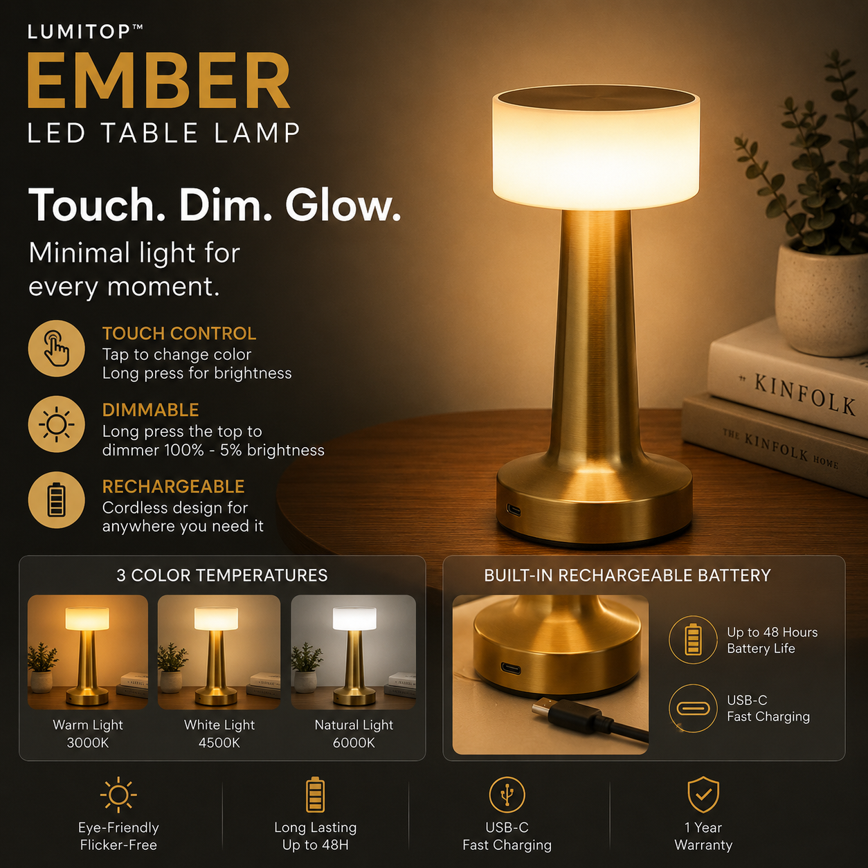 LUMITOP™ Ember Touch LED Table Lamp – Minimal Rechargeable, Dimmable & Cordless LED Light - Image 7